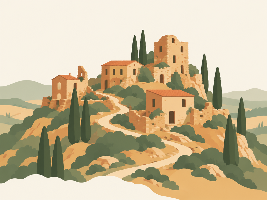 Illustrazione di un antico incasato medievale su una collina